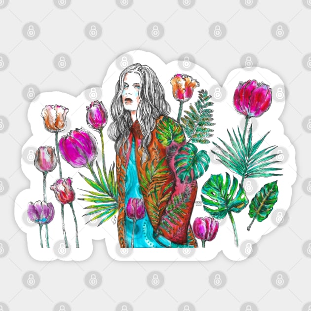 Fashion Illustration - Woman and Tulips. Sticker by FanitsaArt